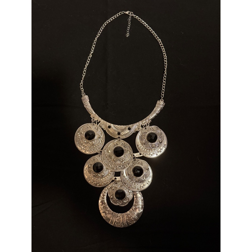 Silver-Tone Black Faux Stone Boho Statement Bib Necklace